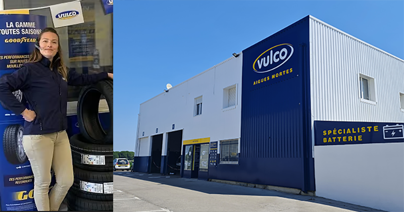Morgane Alberti, 39 ans, dirigeante du centre auto Vulco d'Aigues-Mortes (30) et le devant du garage Vulco Aigues-Mortes