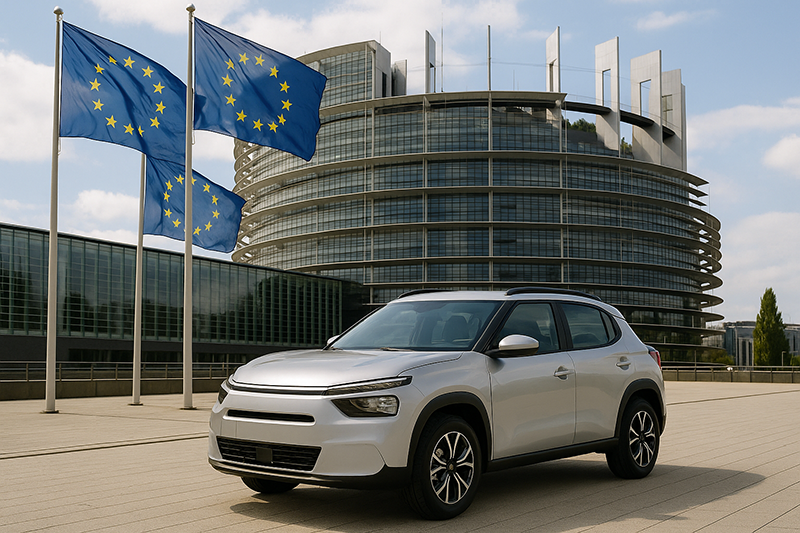 Véhicule électrique anonymisé devant le parlement européeen . Image générée par Chat GPT et prompté par LEA Partners